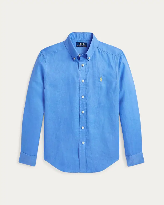 Camicia pervinca Polo Ralph Lauren in puro lino con collo button down