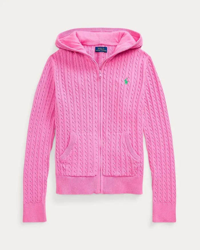 Maglia fucsia Polo Ralph Lauren in cotone lavorata a trecce con zip e cappuccio