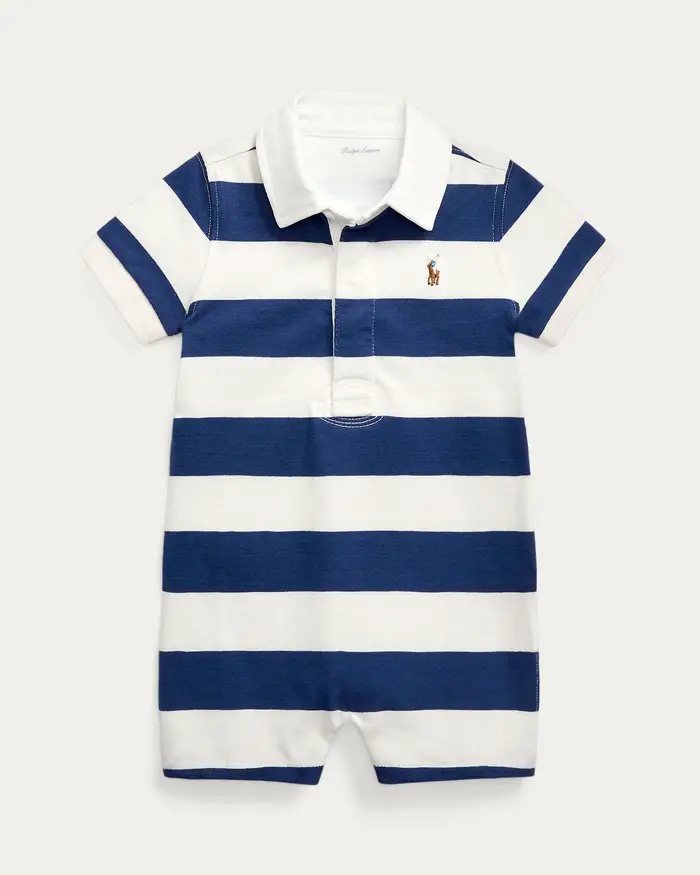 Pagliaccetto a polo in puro cotone in fantasia a righe blu e bianche Polo Ralph Lauren