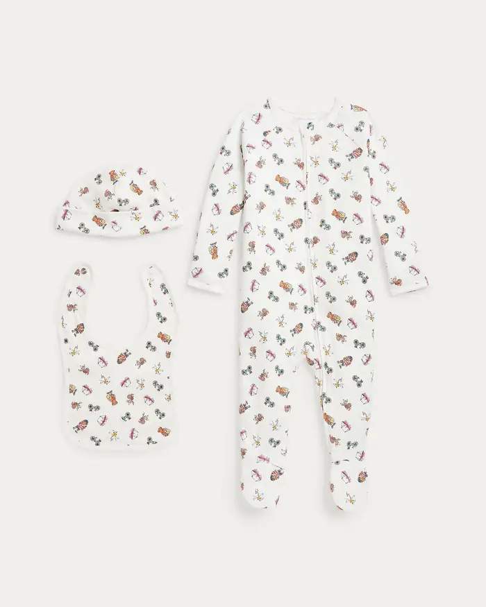 Set tutina Polo Ralph Lauren cappellino e bavaglino bianchi in fantasia multicolor