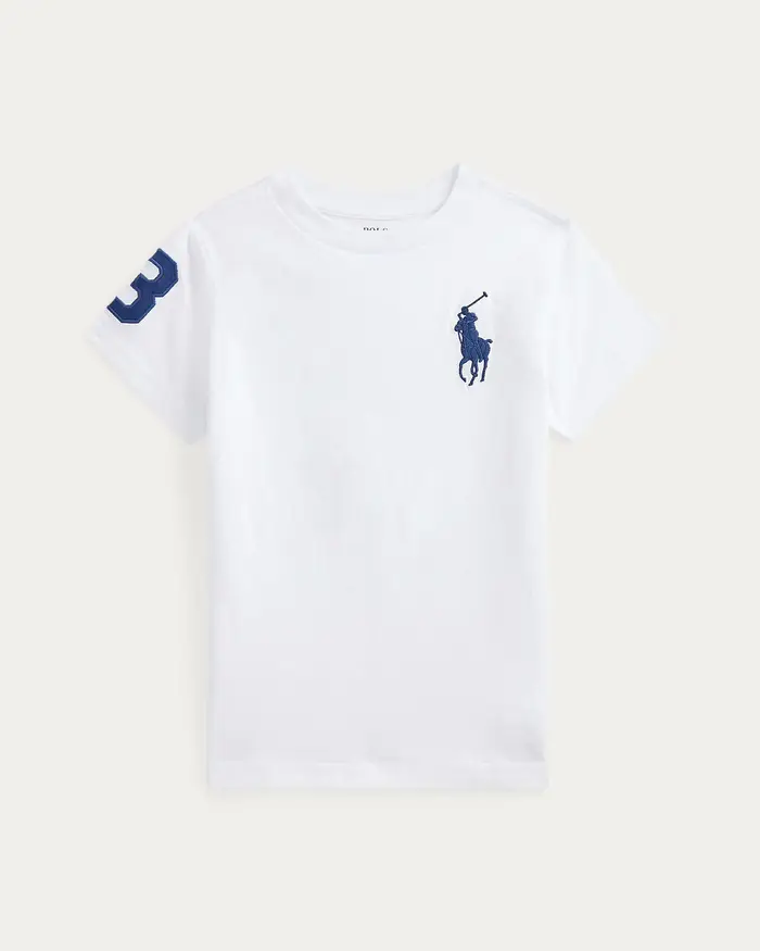 T-shirt Polo Ralph Lauren bianca girocollo con maxi logo pony e numero sulla manica