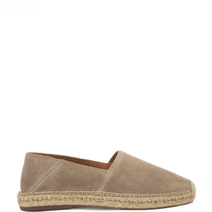 mocassini da uomo in suede con fondo con cuciture in tessuto corda intrecciato beige scuro