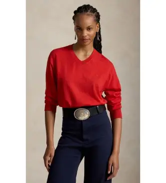 Polo Ralph Lauren per donna 211A96230005 Maglione di lana con collo a V rosso, Casual, Manica lunga
