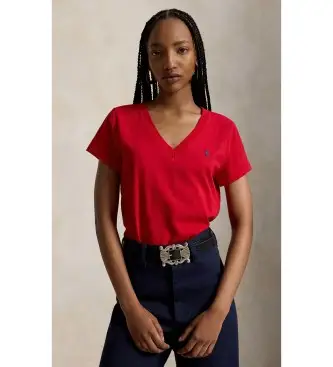 Polo Ralph Lauren per donna 211B14611004 Maglietta in maglia con collo a V rosso, Casual, Cotone, Manica corta