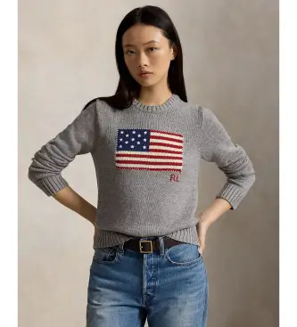 Polo Ralph Lauren per donna 211B28830002 Maglione di cotone con collo rotondo grigio, Casual, Manica lunga