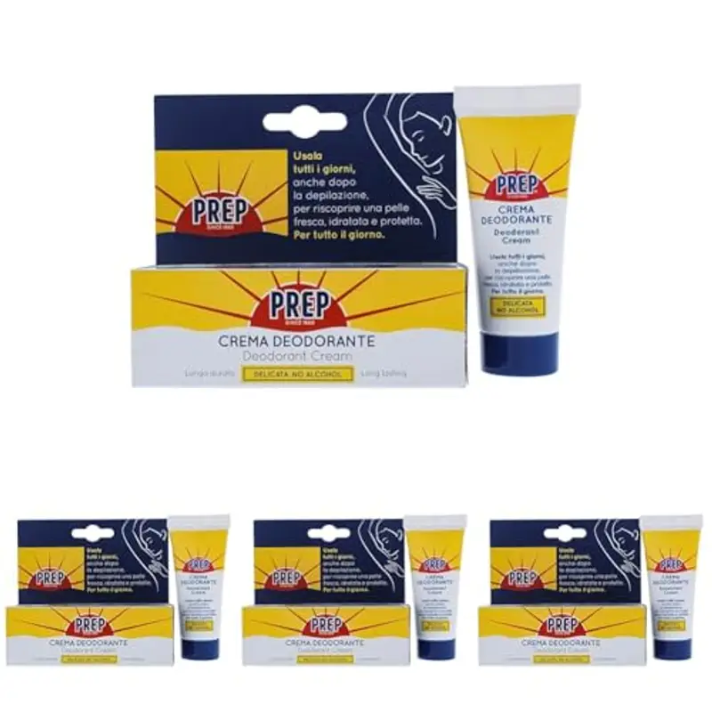 PREP Crema Deodorante, Antitraspirante, Protezione 48h, per Pelli Sensibili, Senza Alcol, Coloranti e Conservanti (Confezione da 4)