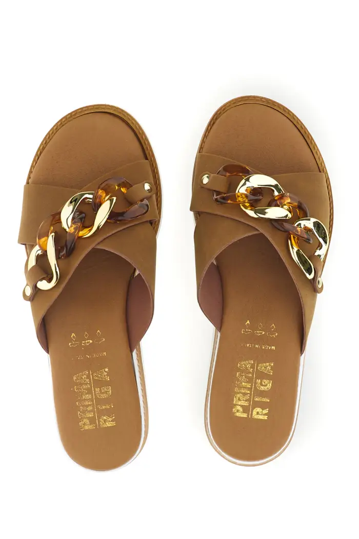 Ciabatta marrone con catena decorativa Prima riga M205 [CUOIO]