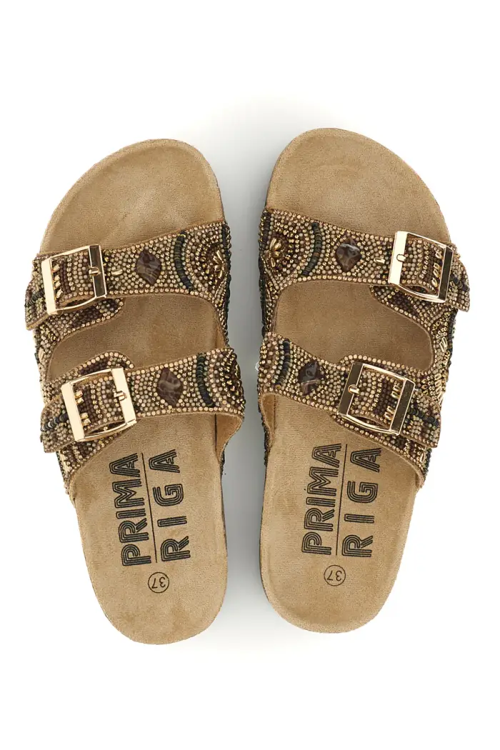 Ciabatte marroni con doppia fascia e fibbie Prima riga 15609 [ORO]