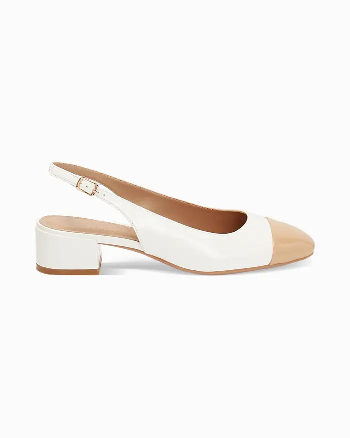 Décolleté slingback donna bianche-camel basse in vernice, tacco 4 cm BICA