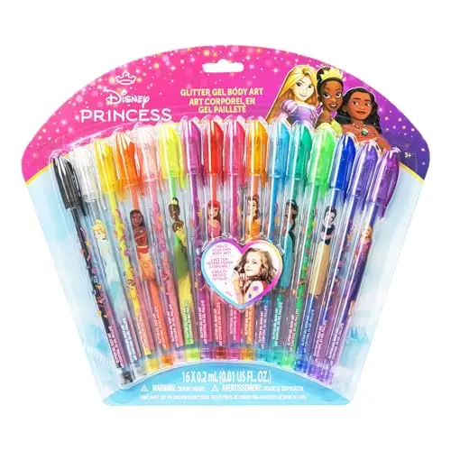 Townley Girl Principesse Disney set di penne glitter per body art da 16 pezzi, colori scintillanti e luminosi, a partire dai 3 anni