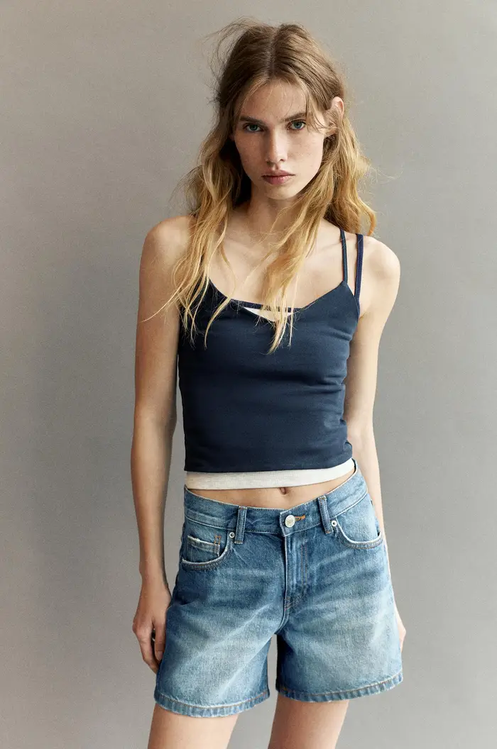 Bermuda Jeans A Vita Media Azzurro oscuro
