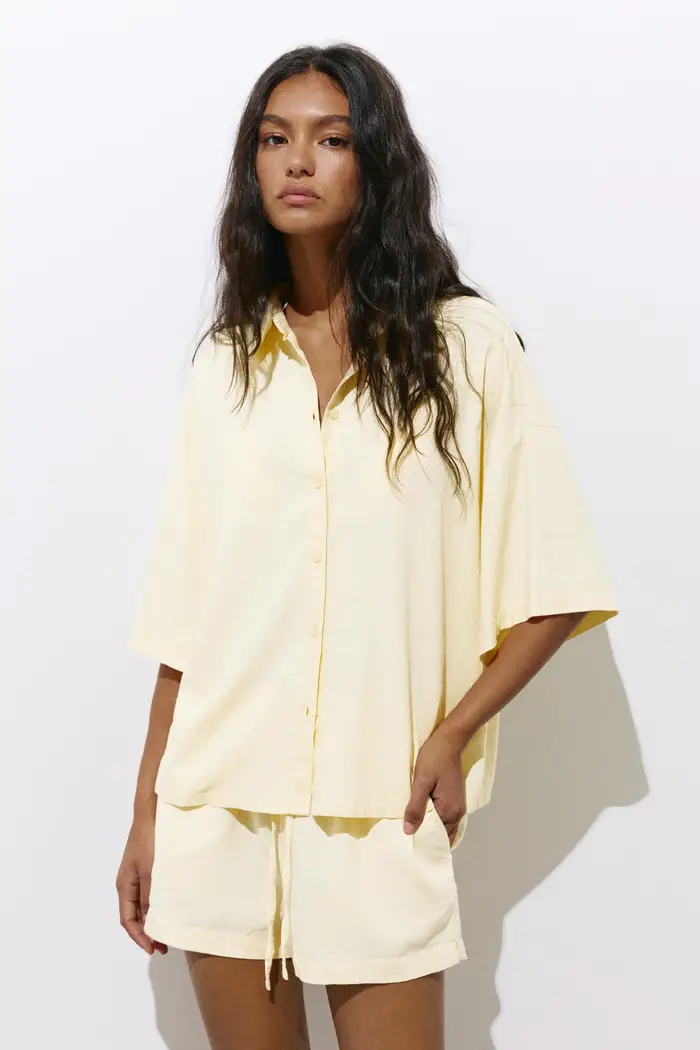 Camicia Maniche Corte Con Lino Vaniglia