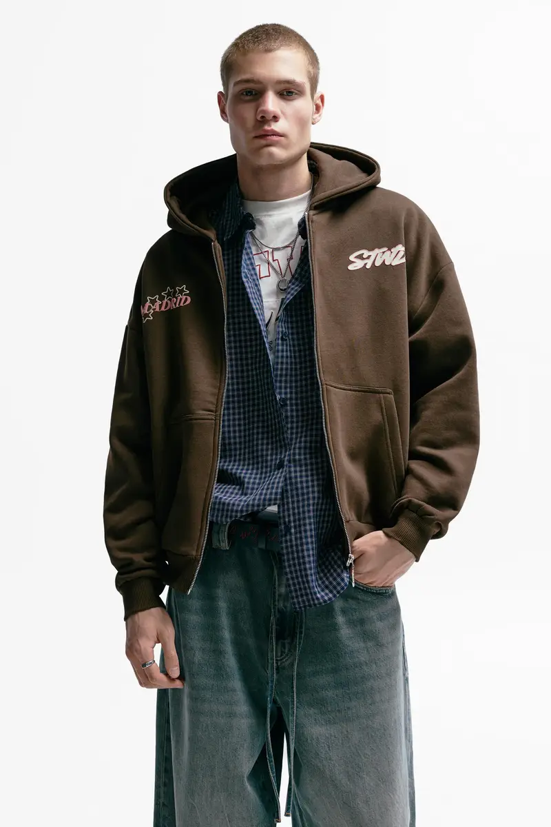 Pull&Bear Felpa Cappuccio Cerniera Stwd Madrid Marrone