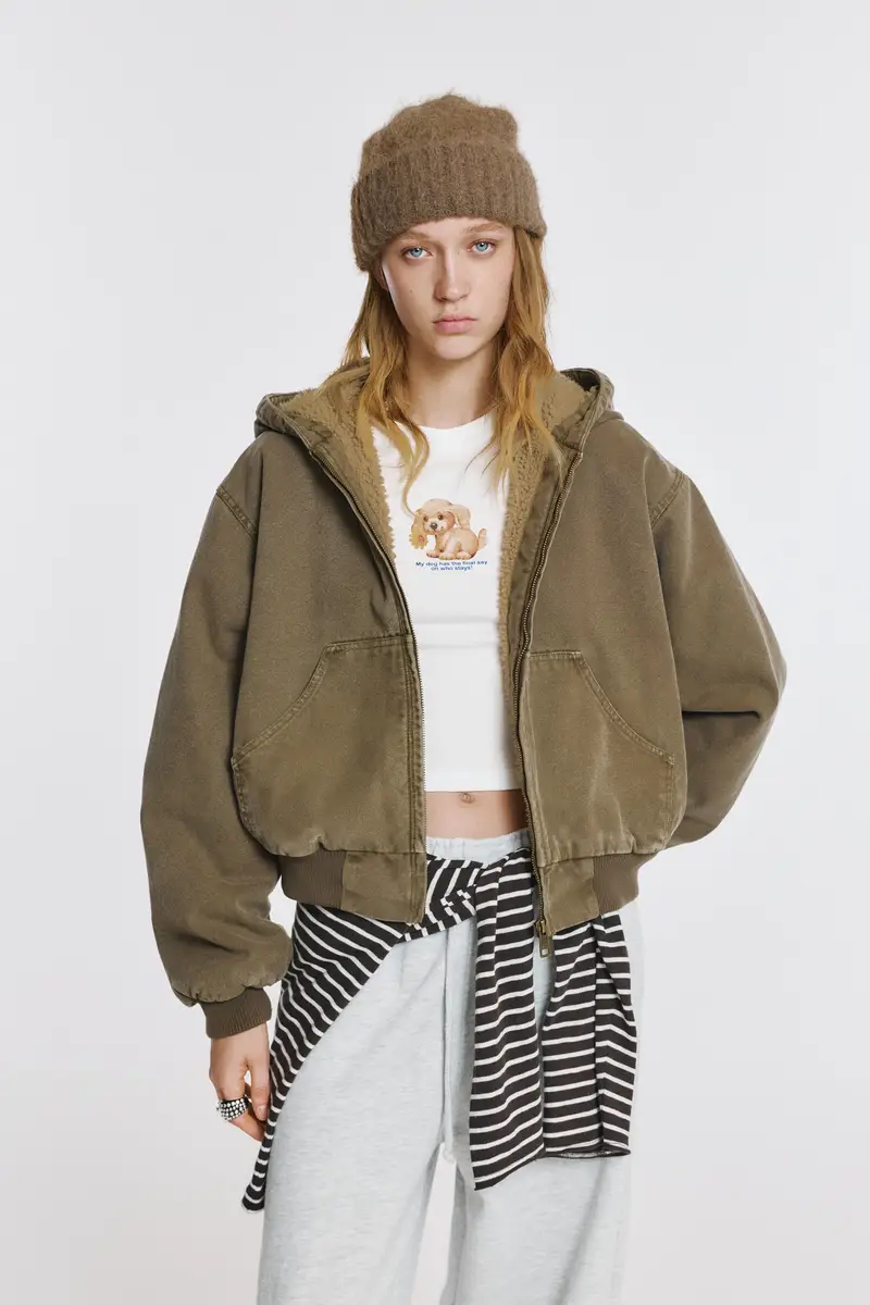 Pull&Bear Giubbotto Con Cappuccio Interno In Montone Sintetico Marrone