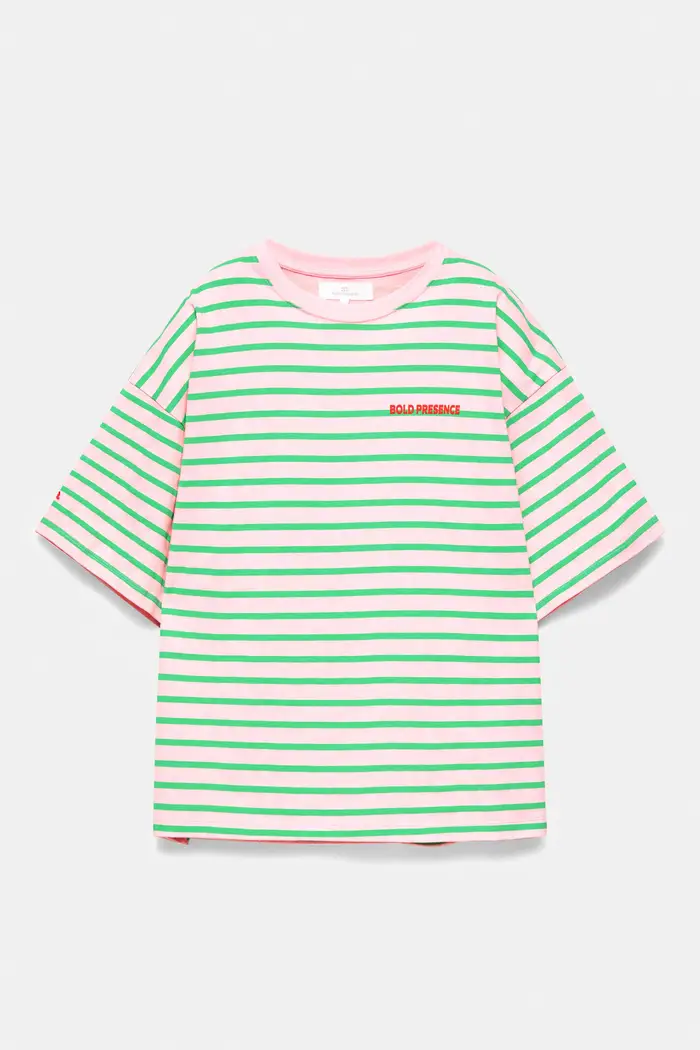 Maglietta A Righe Con Scritta Rosa chiaro