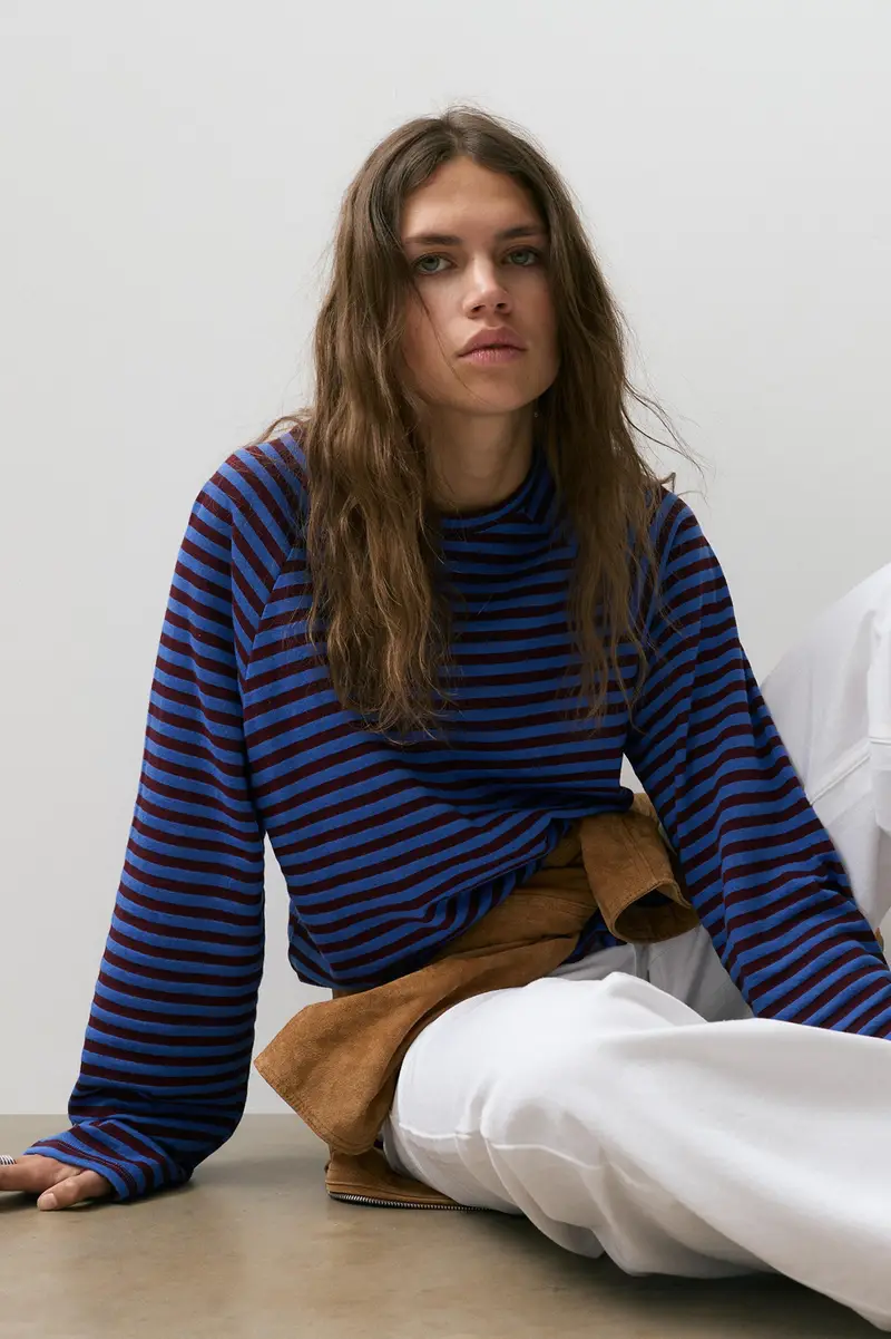 Pull&Bear Maglietta A Righe Maniche Lunghe Azzurro profondo