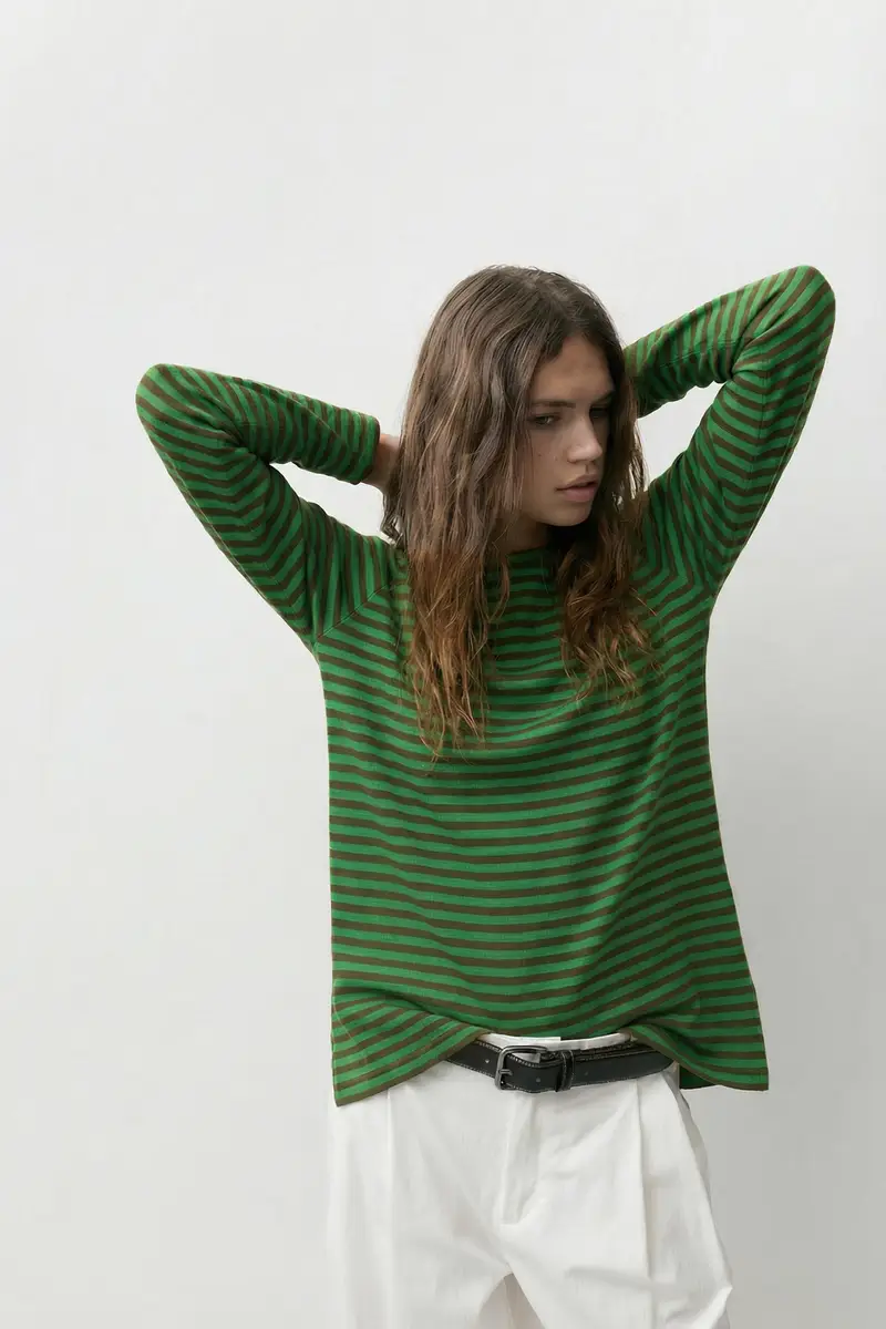 Pull&Bear Maglietta A Righe Maniche Lunghe Verde