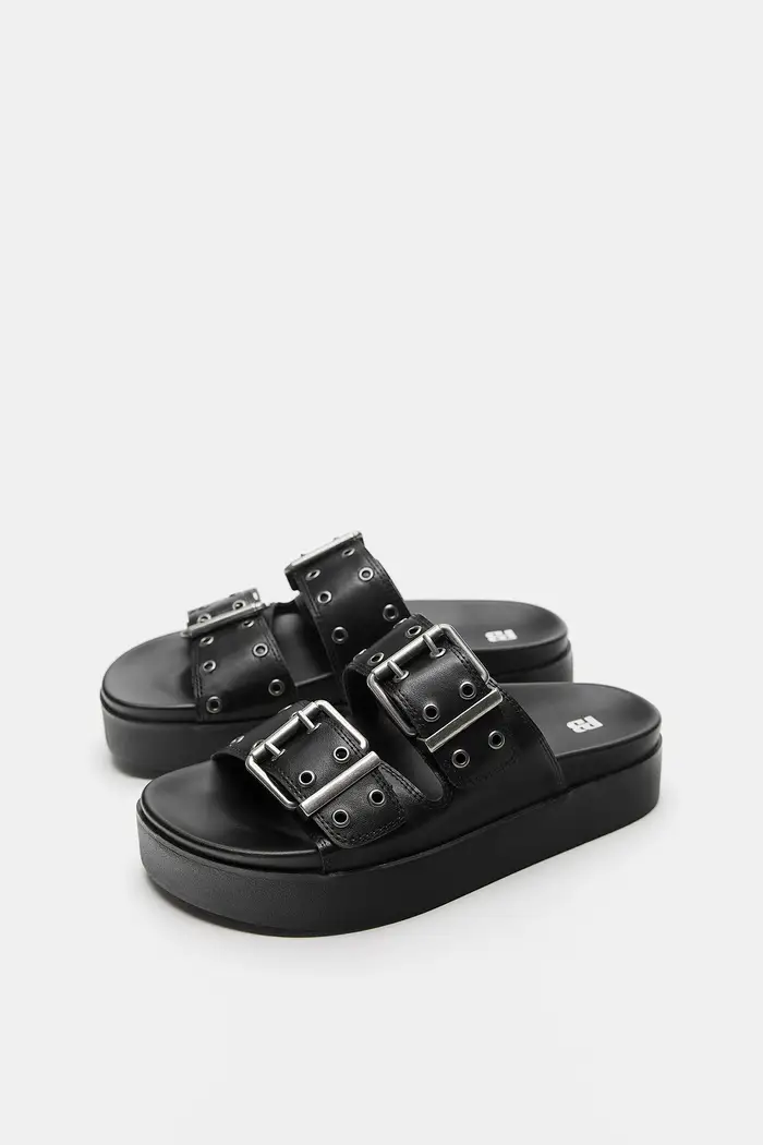 Pull&Bear Sandali Con Fibbie E Tacco Largo Nero miniatura 3