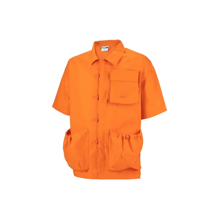Serie Omaggio alla Cultura Cinese Camicia Casual Traspirante a Maniche Corte con Bottoni e Colletto Vintage Colore Unico Uomo Top Arancio-Rosso 621925-23 L