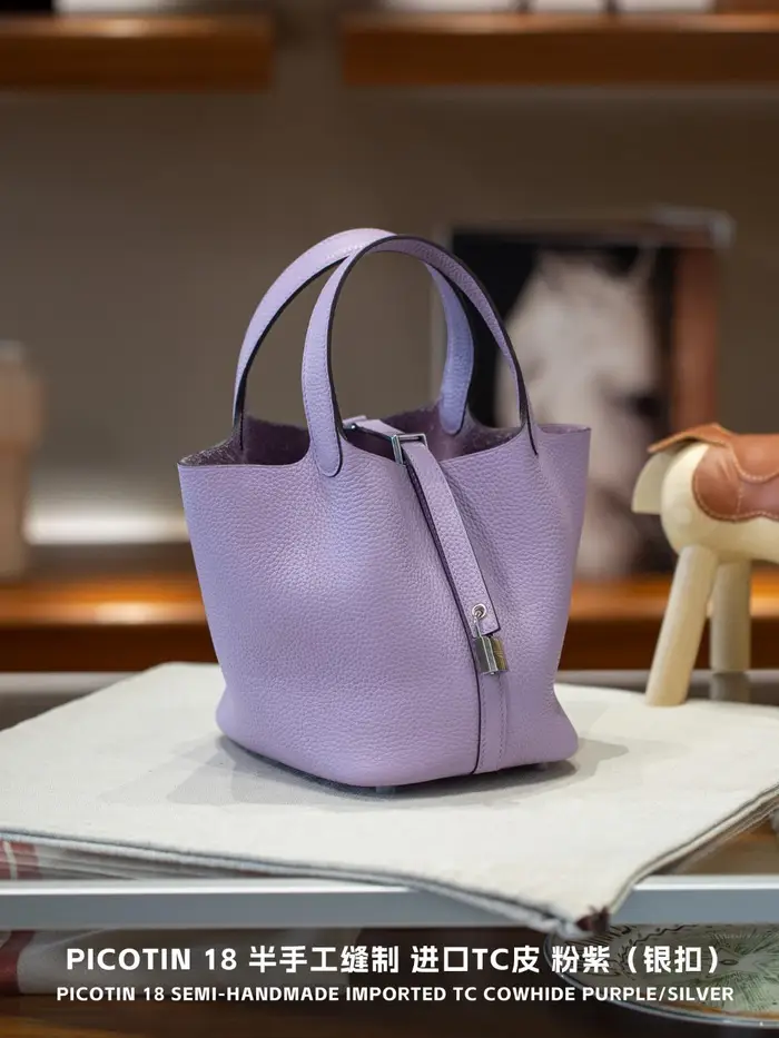 Purple Rose Borsa Tote Picotin18 a Mezzo Manico in Pelle Bovina di Primo Strato Cento Stili Classica Borsa da Donna Borsa a Mano 18cm