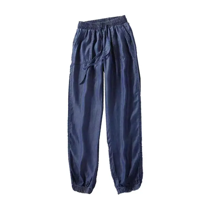 Jeans estivi in seta sottile e ghiaccio da donna, pantaloni harem con coulisse e vita alta elastici, larghi, pantaloni in denim a nove punte con gamba a trave coordinata XXL colore blu scuro
