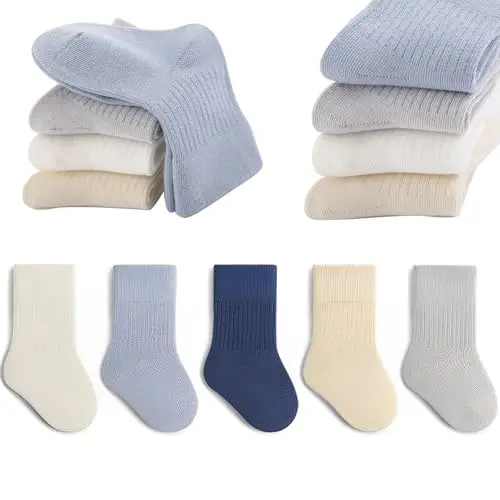 QIYIENDIAN Calzini in cotone morbido 5 paia di calzini elastici colori solidi bambini Ragazzi Ragazze（Blue, 5