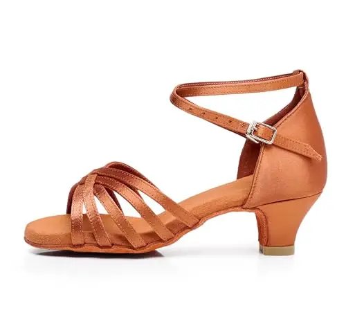 QUNUNOIRE Scarpa da Ballo, Scarpe da Ballo Latino Morbide e Comode per Bambina con Tacco 4cm Marrone 33 EU