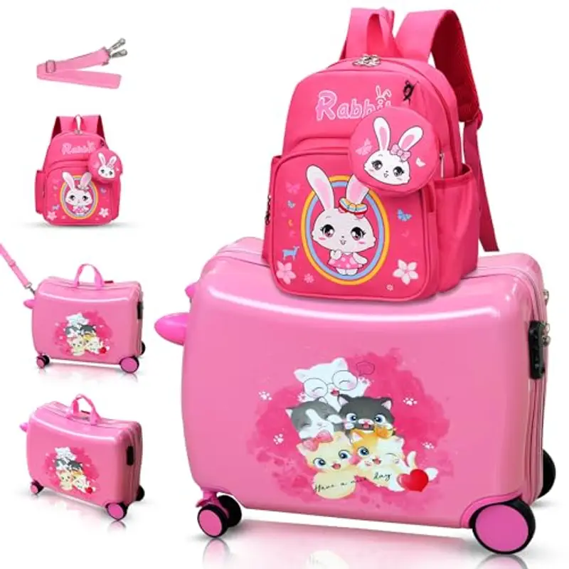 R.Leone Valigia Cavalcabile per Bambina EasyJet 45x36x20 cm + 30x23x14 cm Set 2 Pezzi Trolley Bagaglio a mano 4 Ruote e Zaino 325 (Gatto