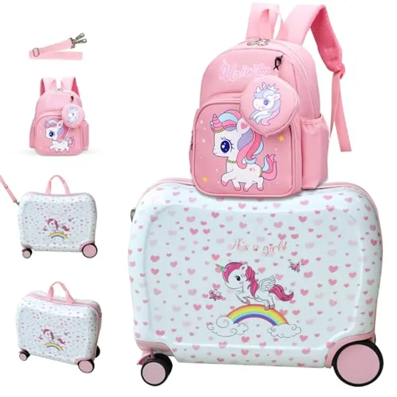R.Leone Valigia Cavalcabile per Bambina EasyJet 45x36x20 cm + 30x23x14 cm Set 2 Pezzi Trolley Bagaglio a mano 4 Ruote e Zaino 325