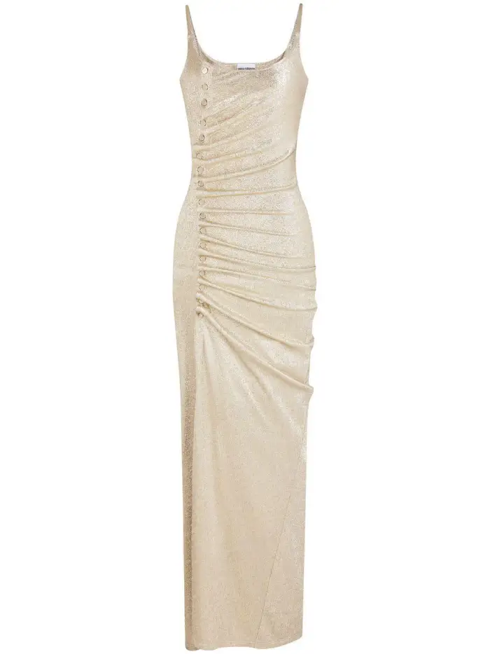 RABANNE Abito lungo argento/oro drappeggiato con bottoni