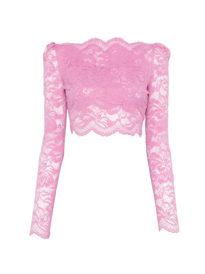 RABANNE Top in pizzo rosa off-shoulder
