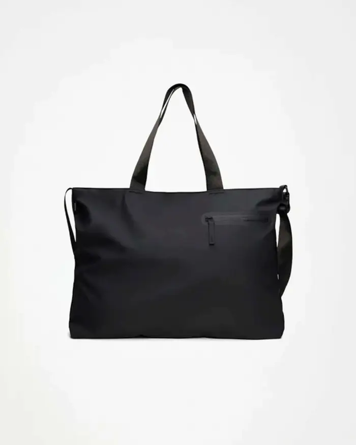 Rains Dash Messenger Tote Bag nera con manici a mano e taschino laterale