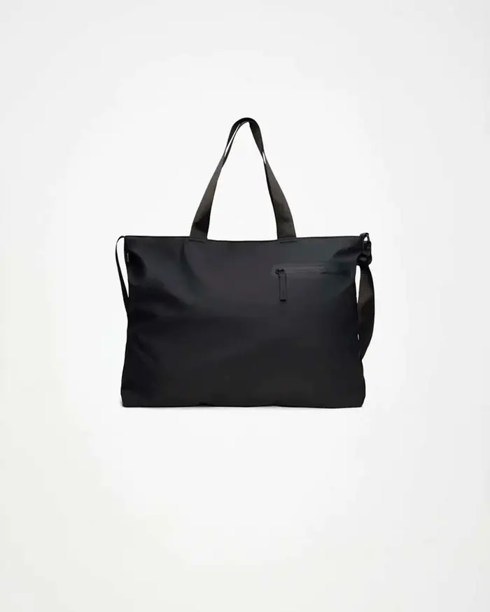 Rains Dash Messenger Tote Bag nera in tessuto impermeabile con tasca frontale