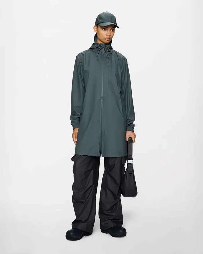 Rains Giacca impermeabile Long Storm Breaker grigia con cappuccio dotato di coulisse e visiera