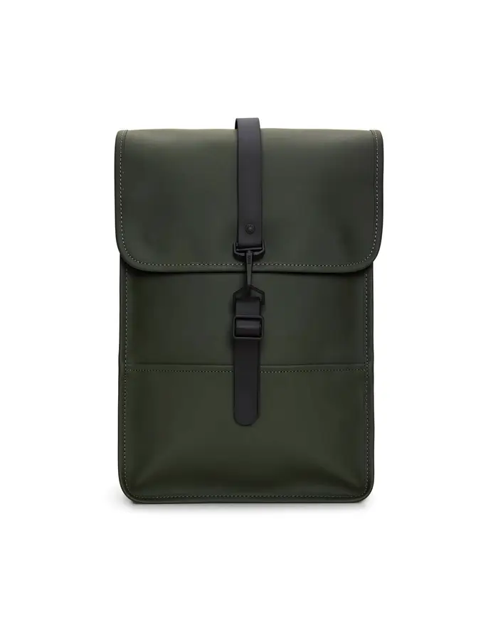 Rains Zaino Backpack Mini verde militare dalla linea rettangolare con tasca frontale e chiusura a moschettone