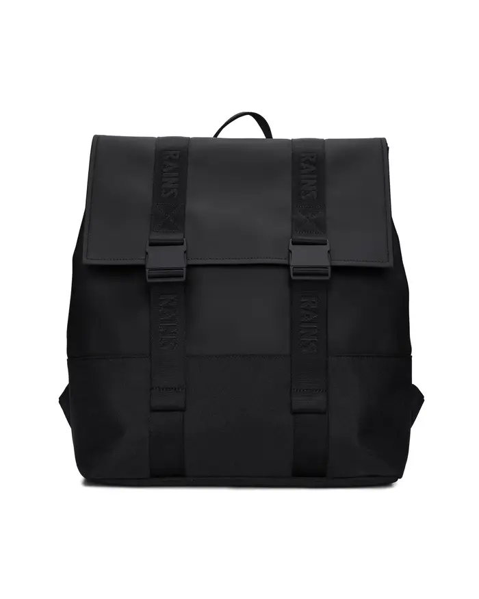 Rains Zaino Msn Bag nera in tessuto tecnico impermeabile effetto gommato con doppia chiusura a cartella