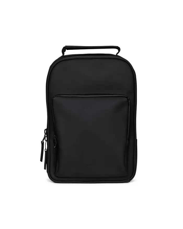 Rains Zaino Book Daypack nero in tessuto tecnico impermeabile effetto gommato con tasca esterna