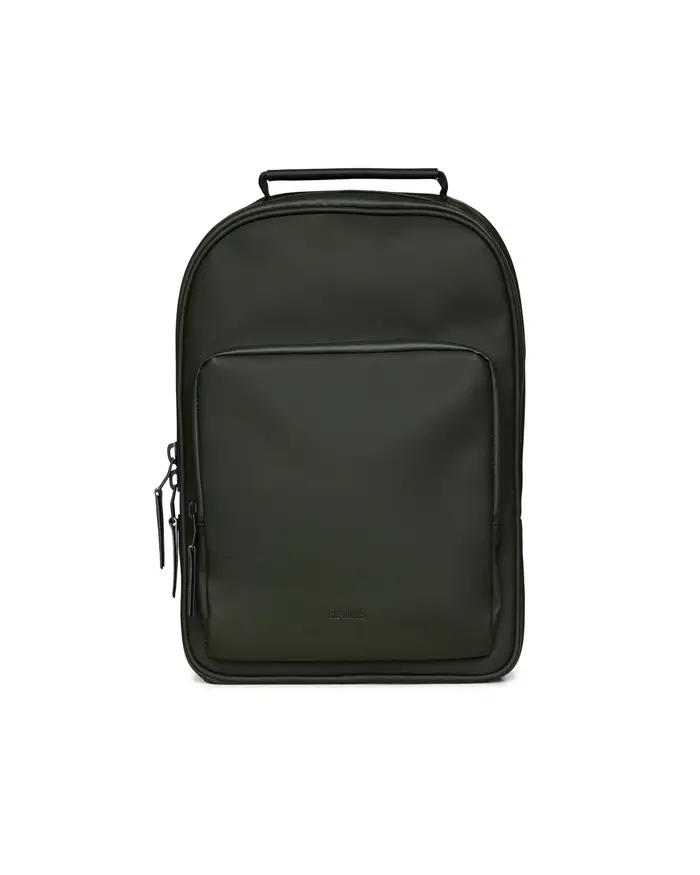 Rains Zaino Book Daypack verde militare in tessuto tecnico impermeabile effetto gommato con tasca esterna