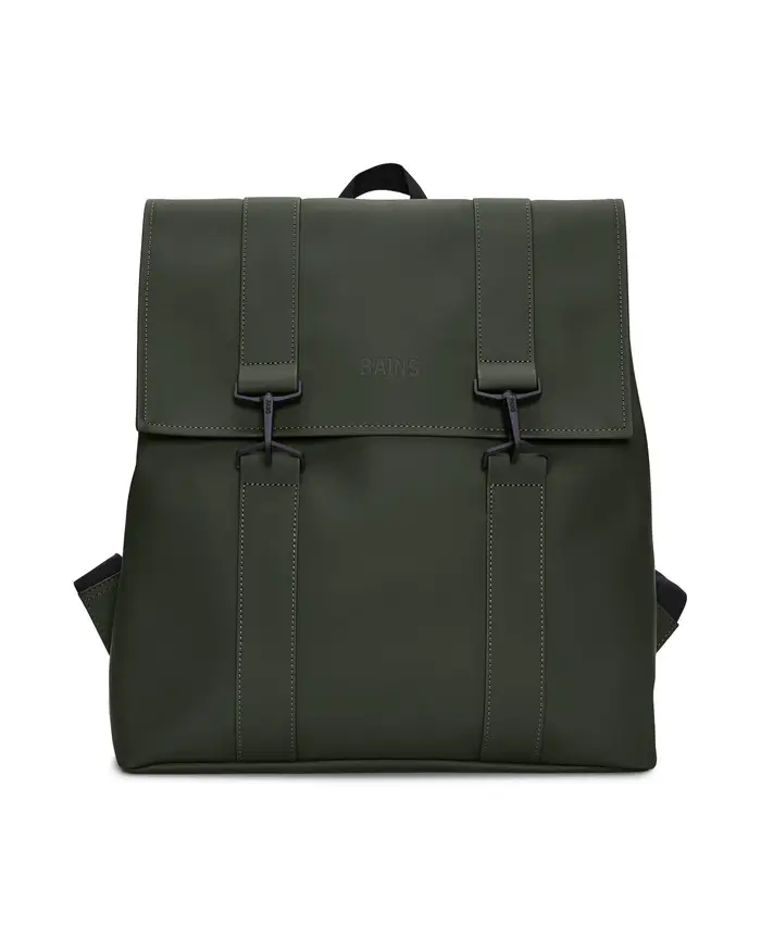 Rains Zaino Msn Bag verde militare in tessuto tecnico impermeabile effetto gommato con doppia chiusura a cartella con moschettoni