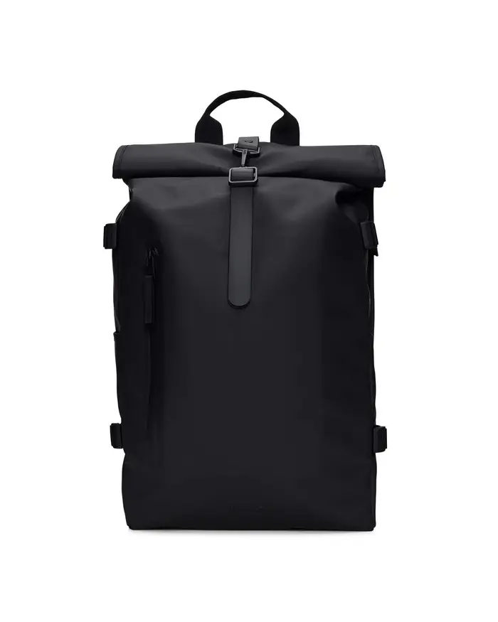 Zaino Rains Rolltop Rucksack Large nero in tessuto tecnico impermeabile effetto gommato