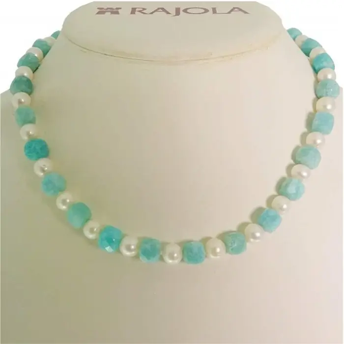 RAJOLA Collana In Oro Con Perle Bianche Ed Amazzonite Mop