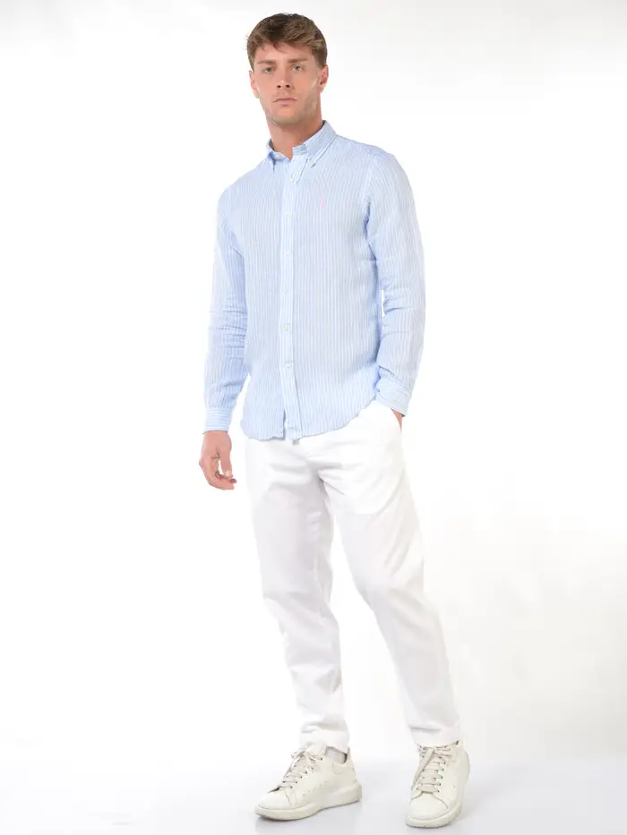 RALPH LAUREN camicia da uomo in lino a righe TURCHESE