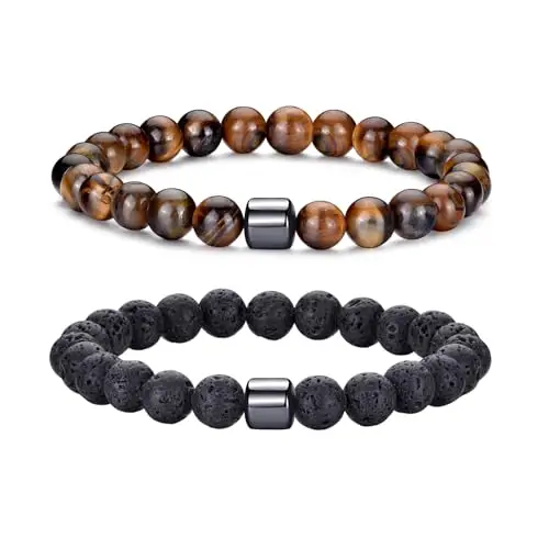 RANKEEF Set Braccialetti con Perline da Uomo in Pietra Naturale Elasticizzata con Pietra Lavica Occhio di Tigre 8 mm