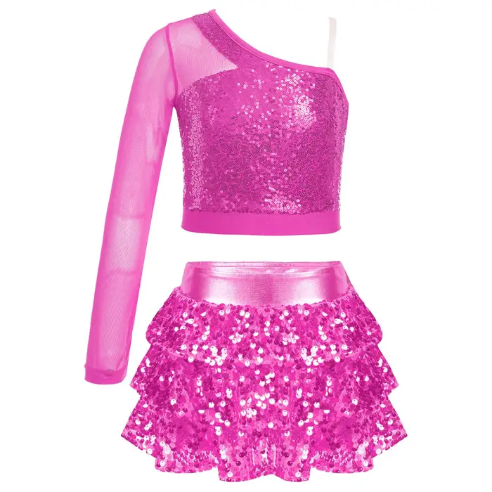 Ranrann Costume da Performance per Danza da Ragazza Scintillante con Paillettes Rete Manica Lunga Monospalla Crop Top Pantaloncini con
