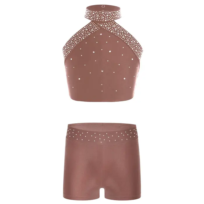 Ranrann Set Abbigliamento Danza da Ragazza Canotta Halter Senza Maniche Schiena Nuda con Design Incrociato Fascia in Strass Pantaloncini