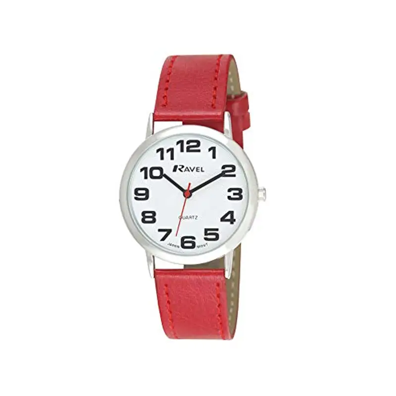 Ravel orologio con cinturino unisex di facile lettura con grandi numeri - Quadrante bianco/argento tono/rosso