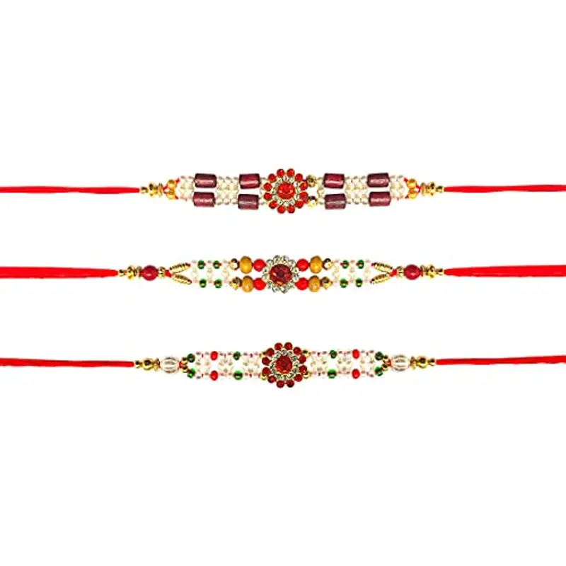 Tuelip Red Multi Stone Designer Rakhi Bracelet for Brother on Raksha bandhan with Multicolor Beads Traditional Rakhi Thread Set of 3