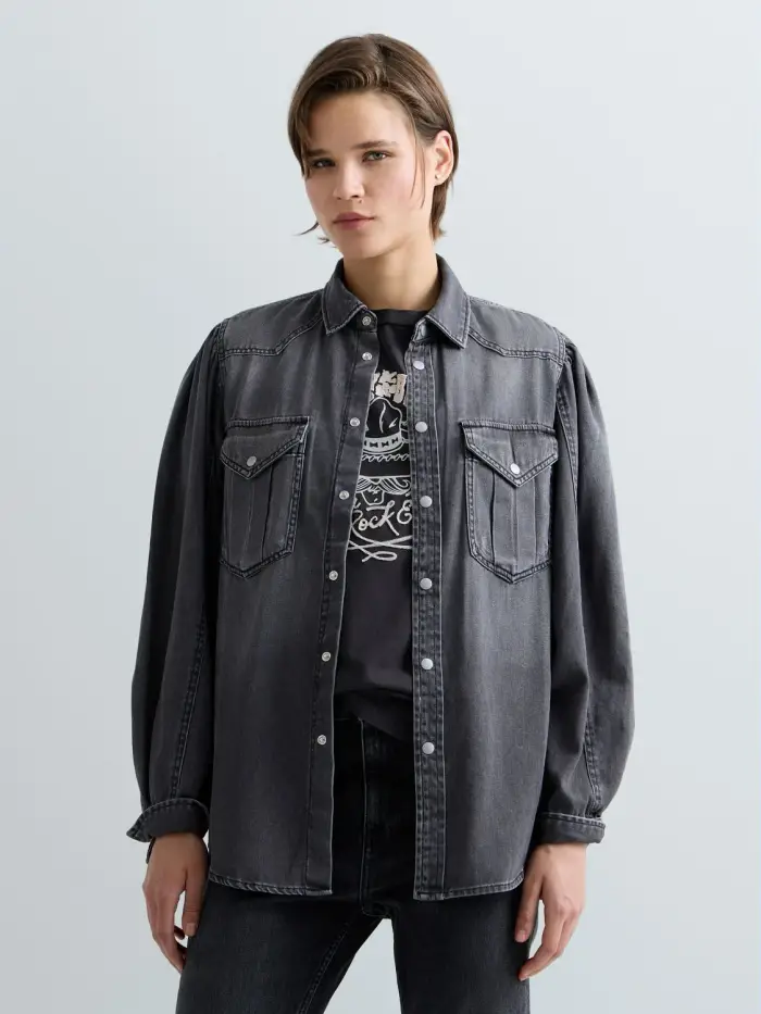 Camicia In Denim Satinato Nero