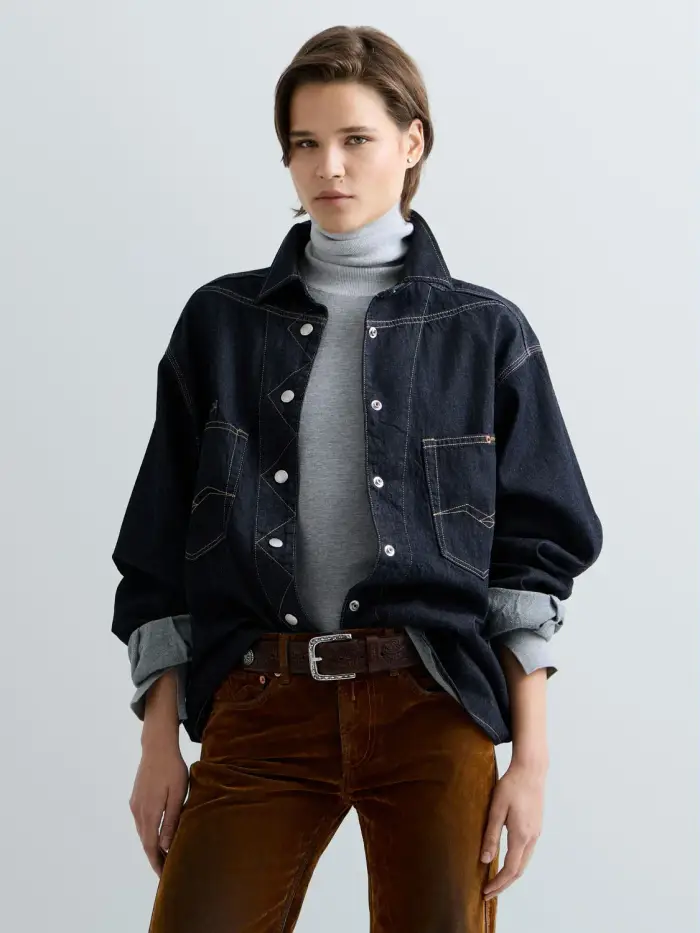 Camicia In Denim Scuro Con Impunture Nero