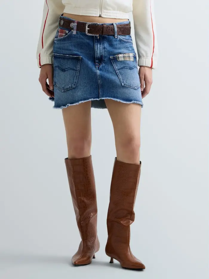Minigonna In Denim Con Dettagli Check Blu Scuro